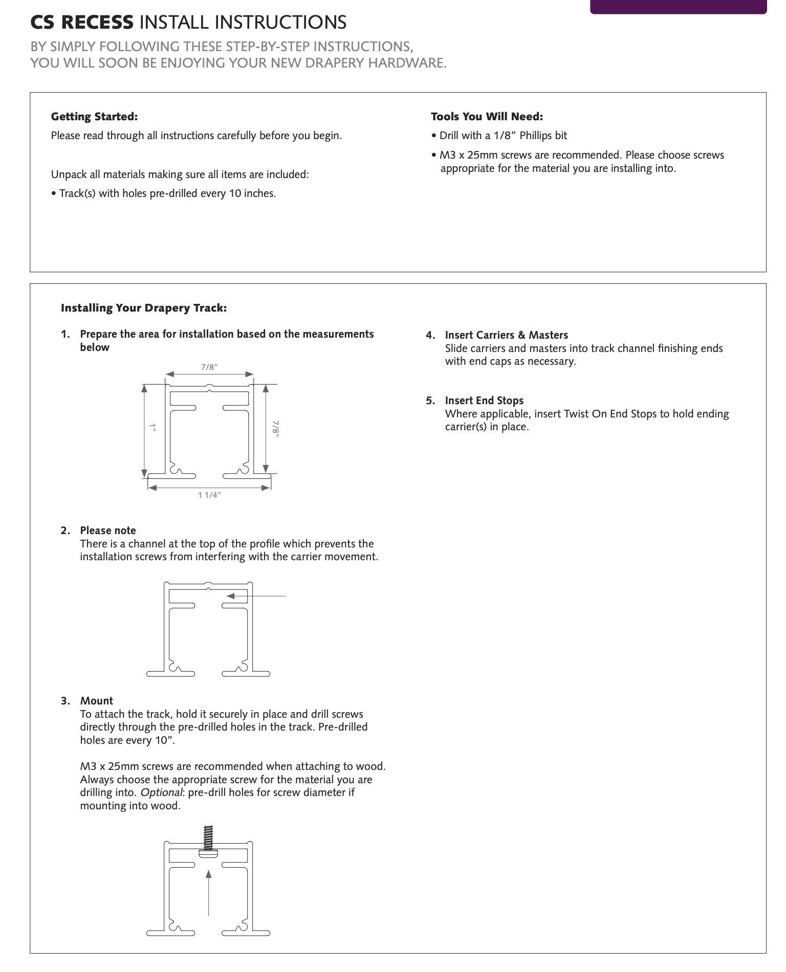 Full CS Recess installation sheet showing profile dimensions, screw channel and installation steps