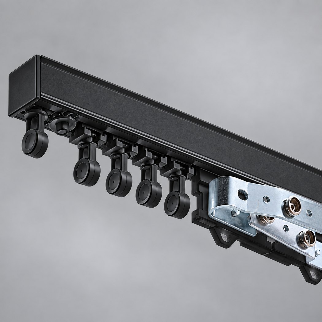 Black CS Contract Drapery Track with matching black carriers