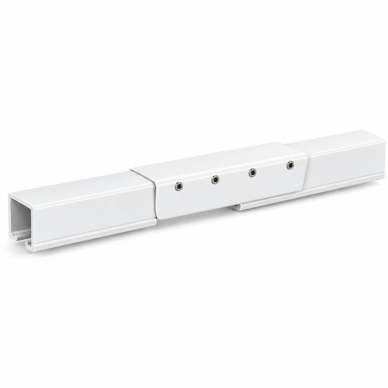 White powder-coated CS Contract Drapery Track splice joining two track sections with silver hex set screws