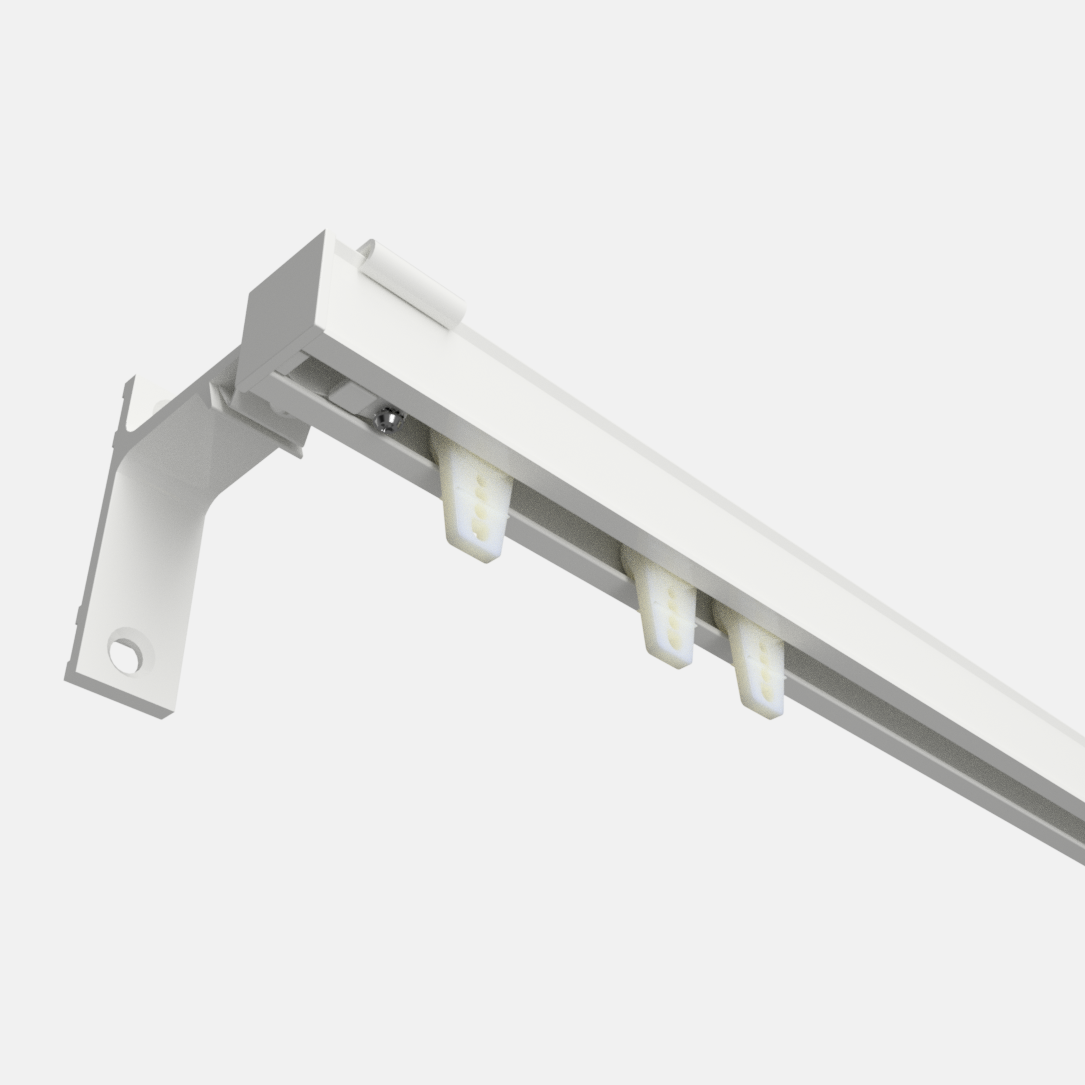 White CS Contract Drapery Track with matching white carriers and wall-mount bracket