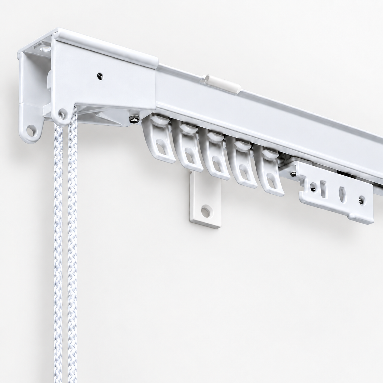 White CS Cord Draw wall-mounted track with pulley and clear wall bracket