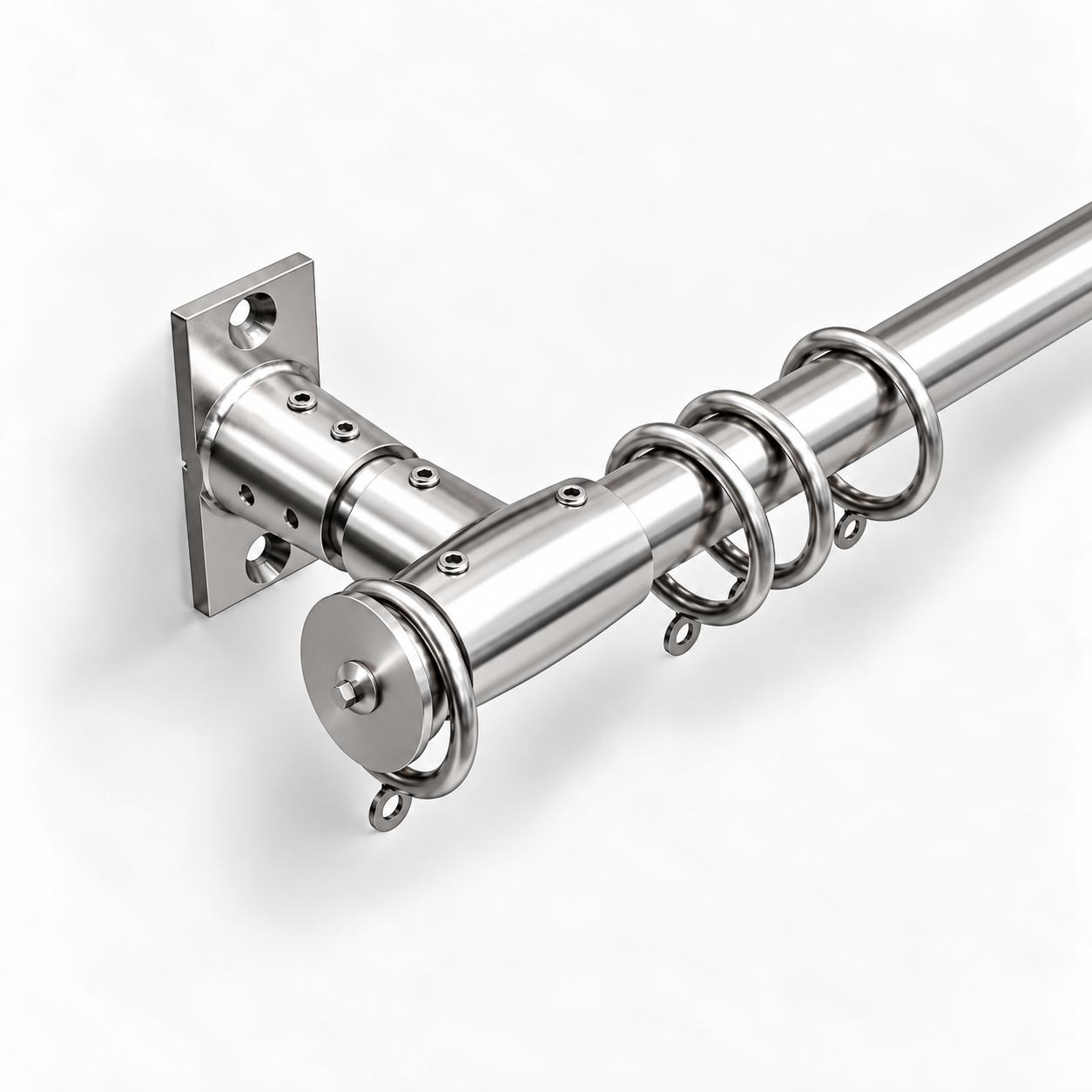 Polished stainless Nautilus straight rod with square wall base and end disc