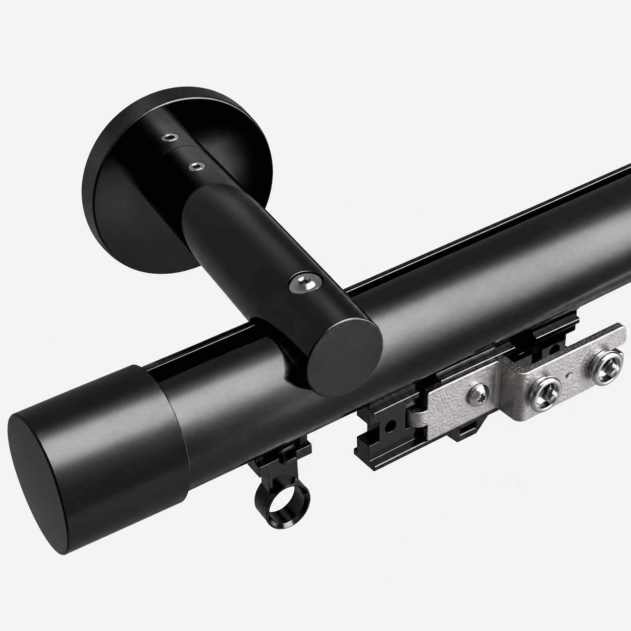 Black rust-proof traverse rod close-up