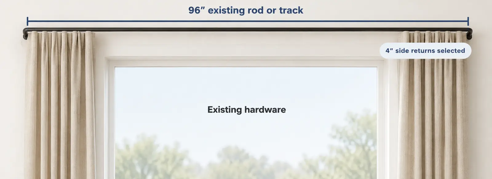 Photographic drapery hardware width and stack illustration