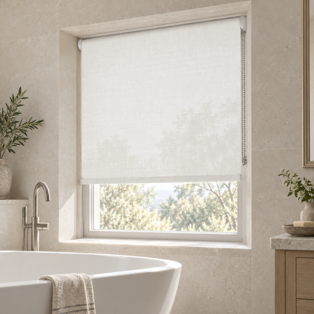Inside mount reverse roll shade in a recessed bathroom window