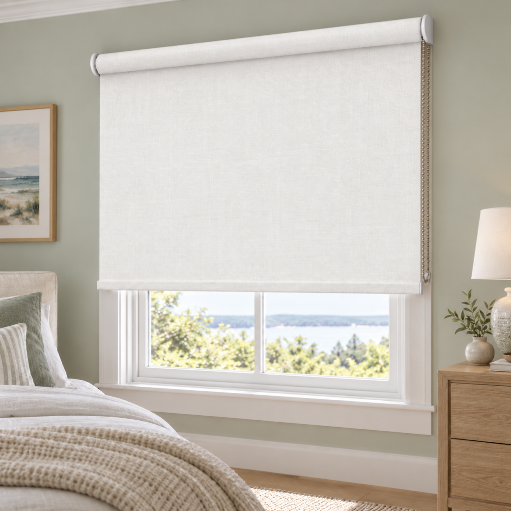 Outside mount regular roll shade with compact white covers in a sage bedroom