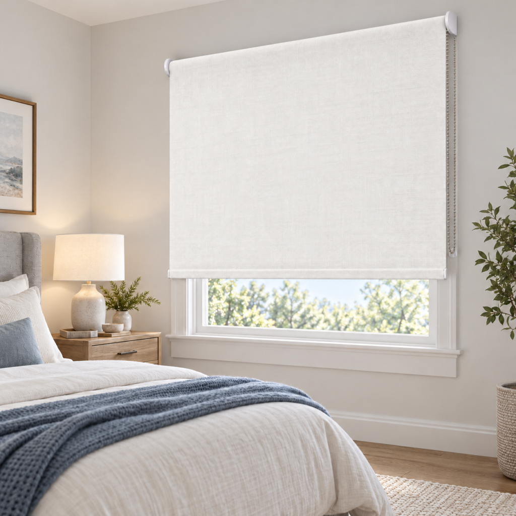 Outside mount reverse roll shade with compact white end covers in a bedroom