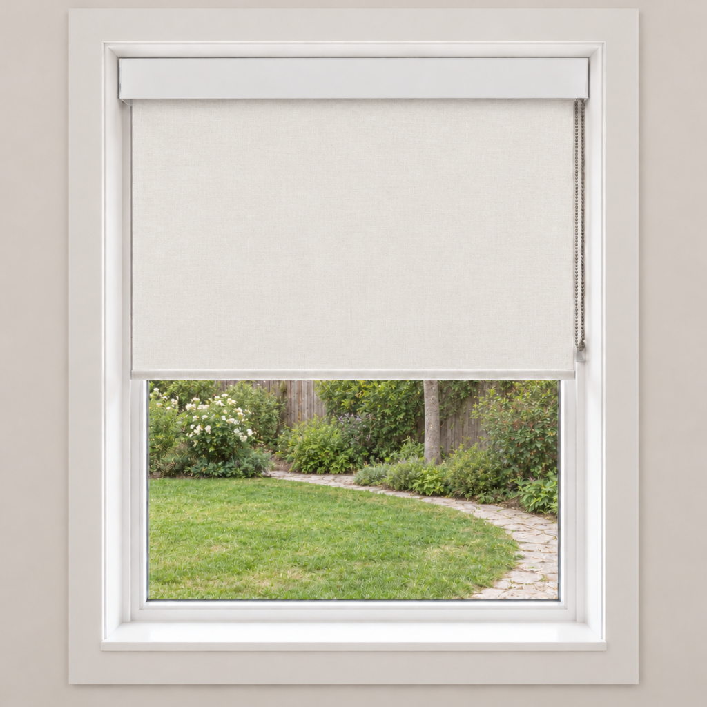 Illustrative opaque blackout fabric blocks the covered garden view