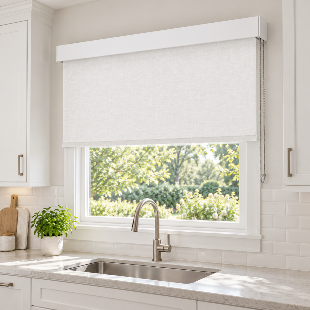 Outside mount white L fascia roller shade above a kitchen sink