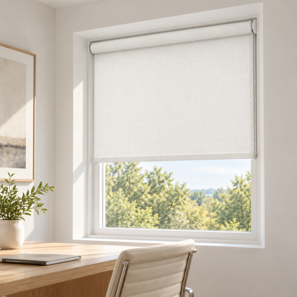 Inside mount regular roll shade in an office window recess