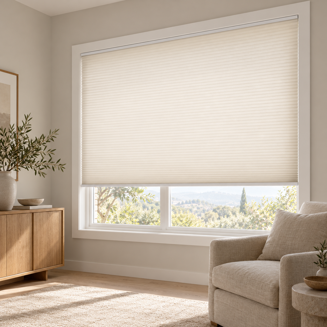 Custom cordless cellular shade filtering daylight in a calm neutral living room