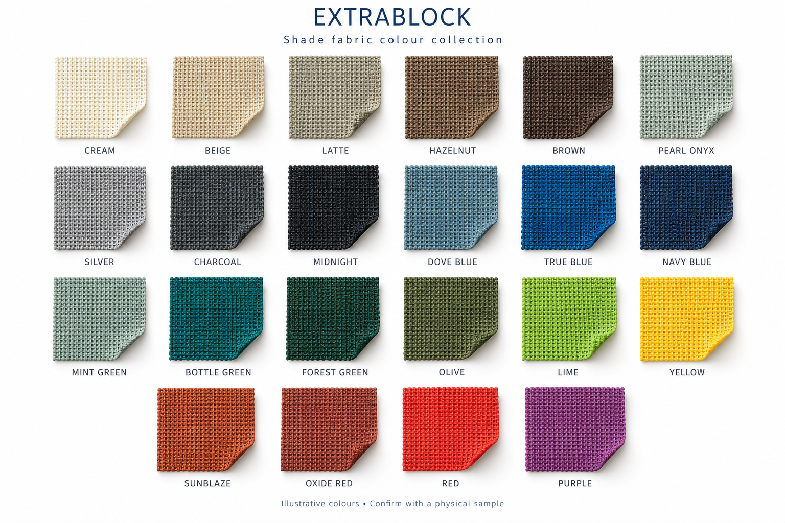 Illustrative Extrablock knitted shade fabric swatch card showing 22 named colours grouped by colour family