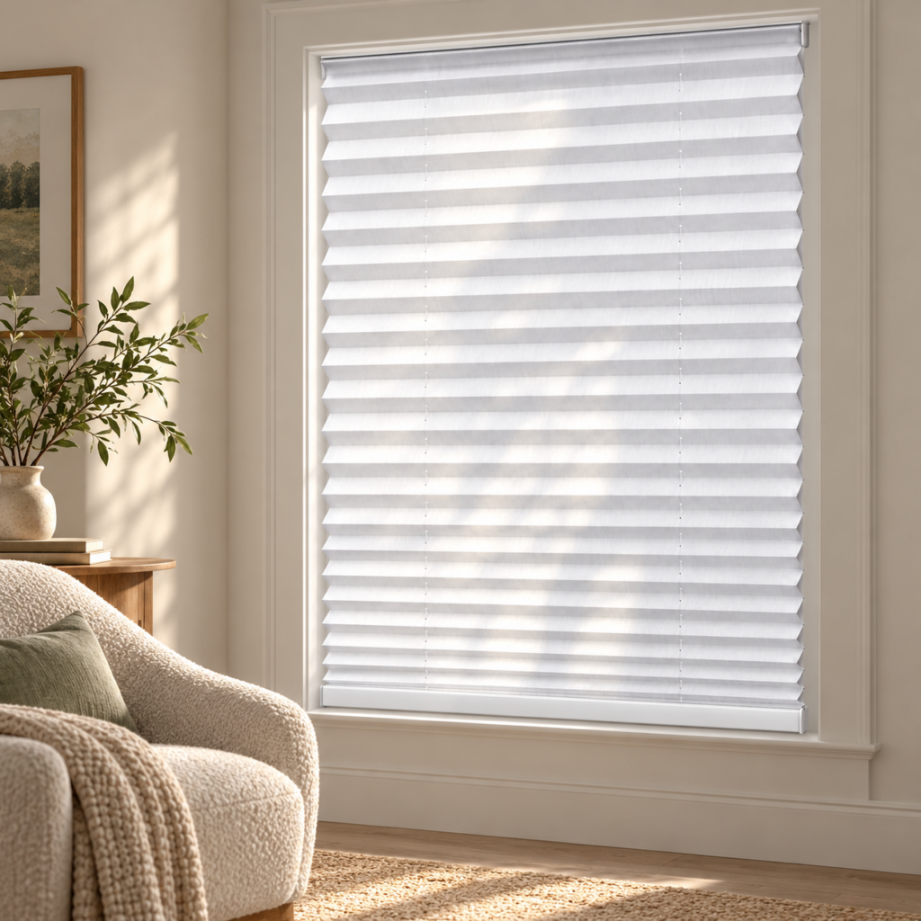 No-Tool Pleated Adhesive Shade shade with fabric and operating details