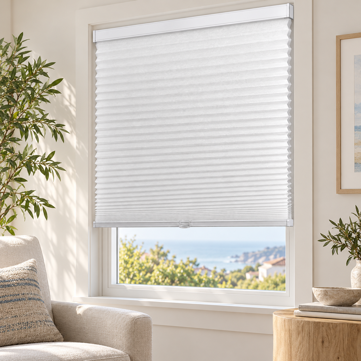 Cordless cellular shade fitted in a bright living room