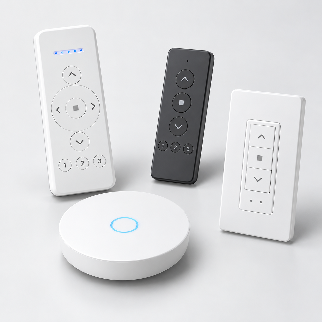 Illustration of handheld remotes, wall control and RF bridge hub