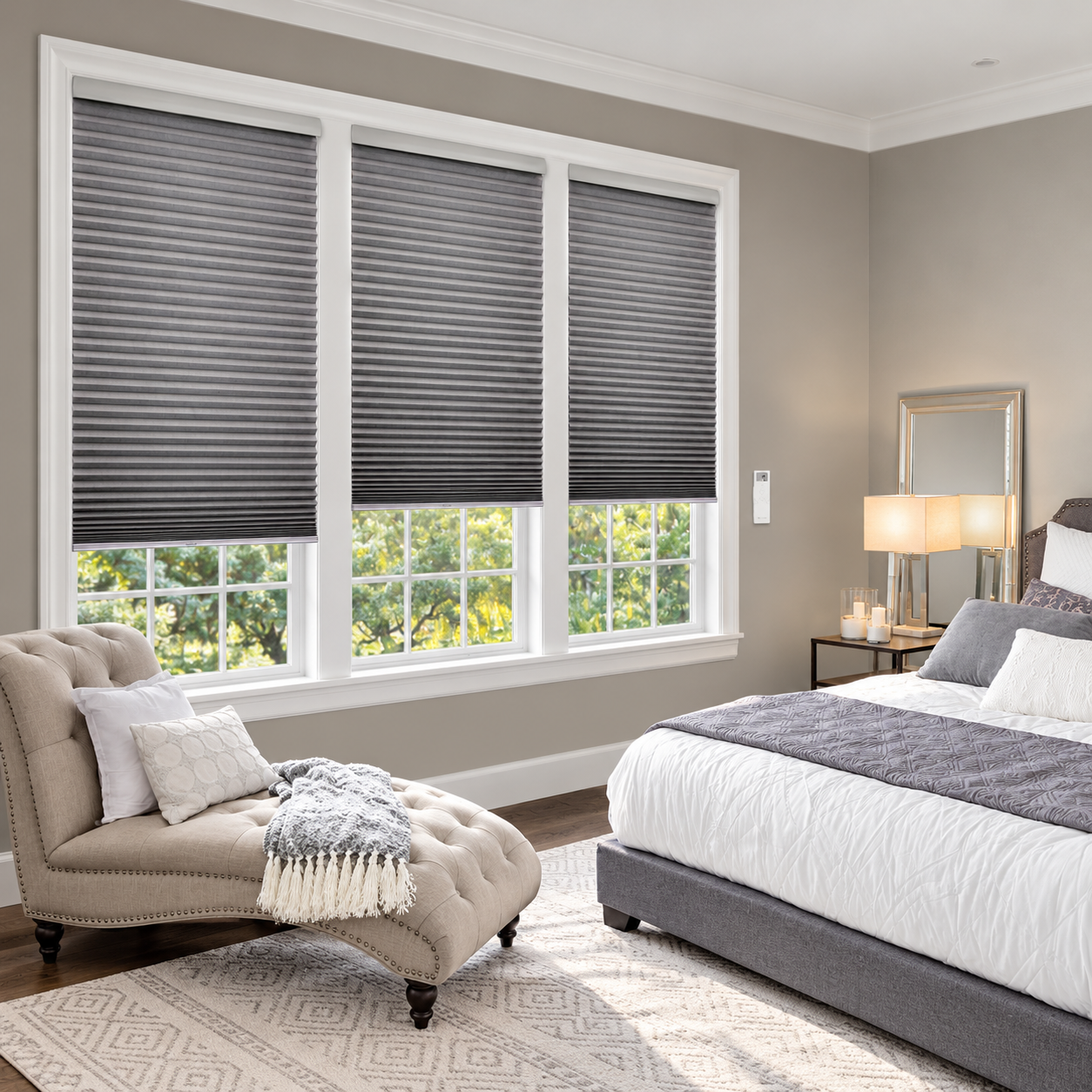 Motorized Cellular Shades in an illustrative neutral bedroom