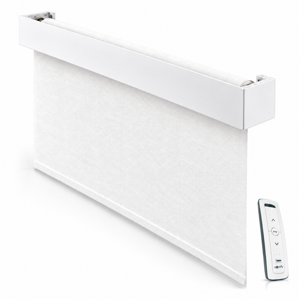 Motorized white L fascia roller shade with remote inset