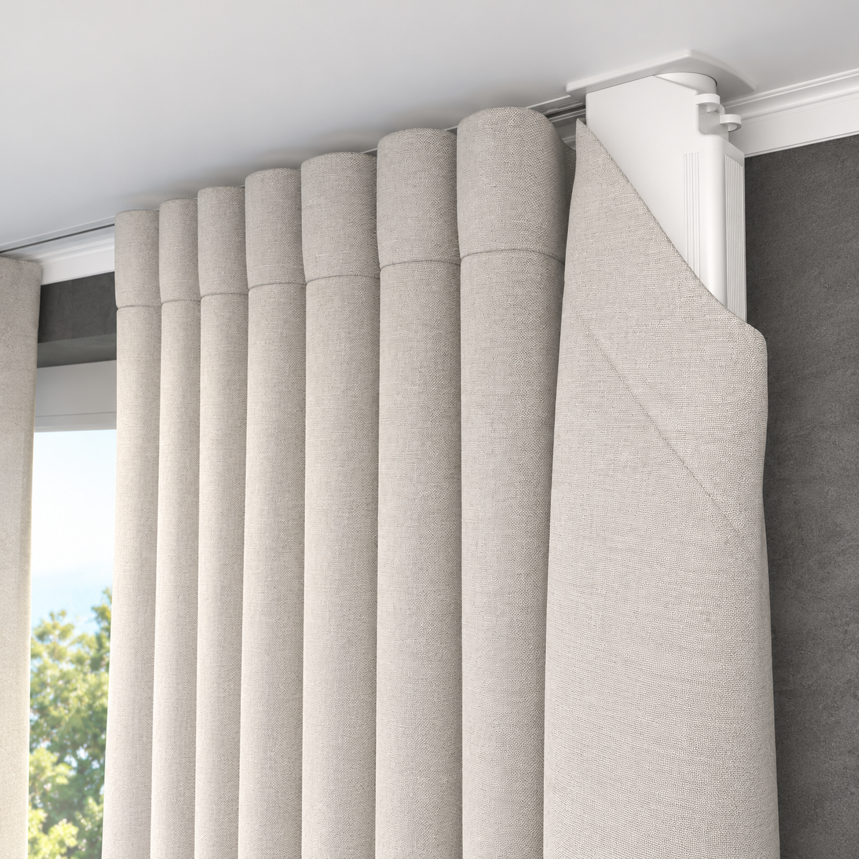 Linen ripplefold drapery concealing a recessed motorized track