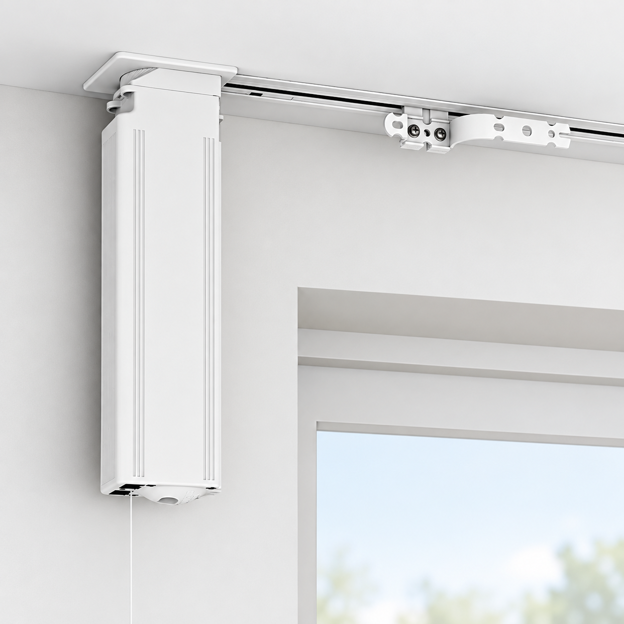 White motor fitted to a recessed ceiling track