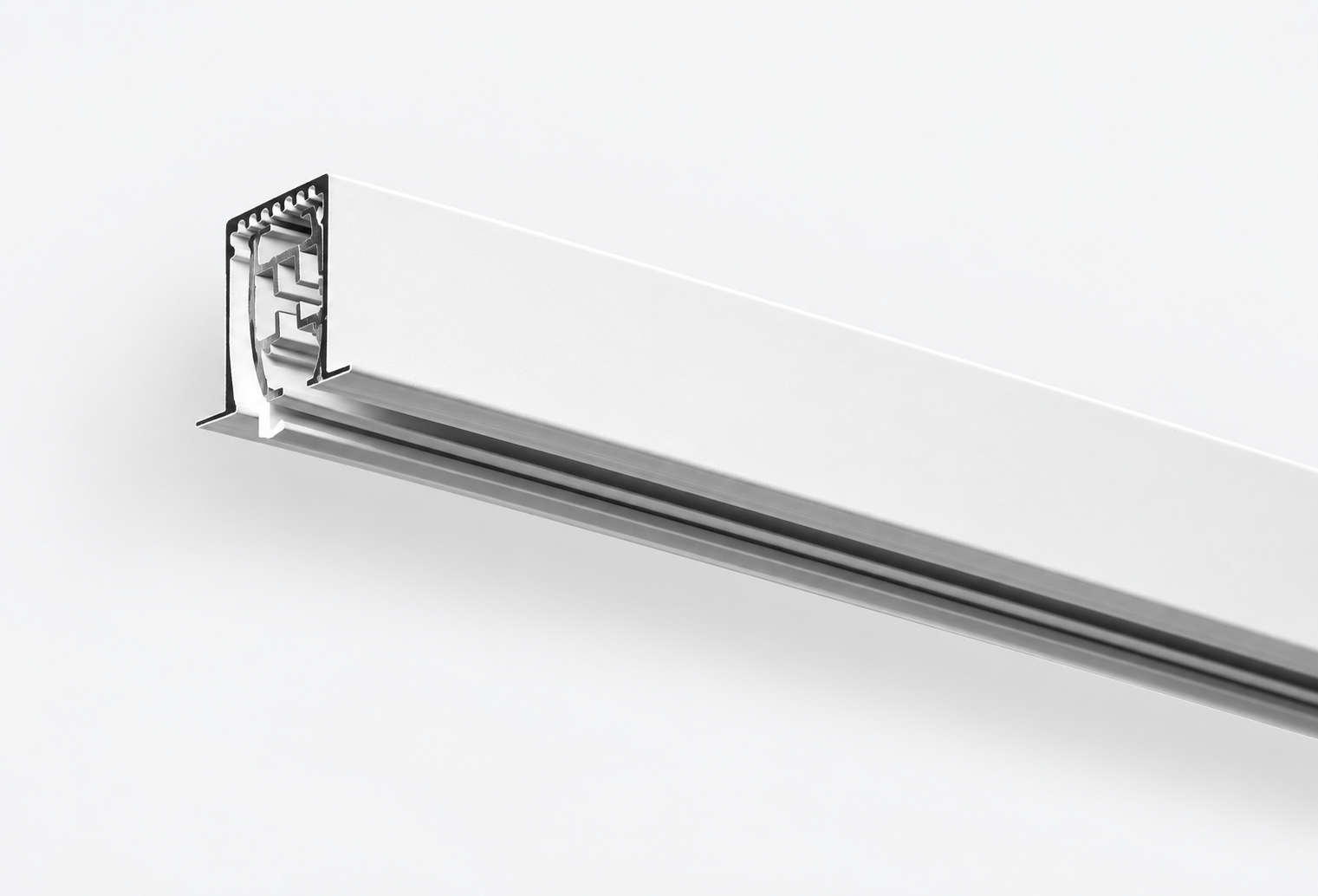White RTS two-part recessed curtain track showing the flush mount housing and removable inner rail