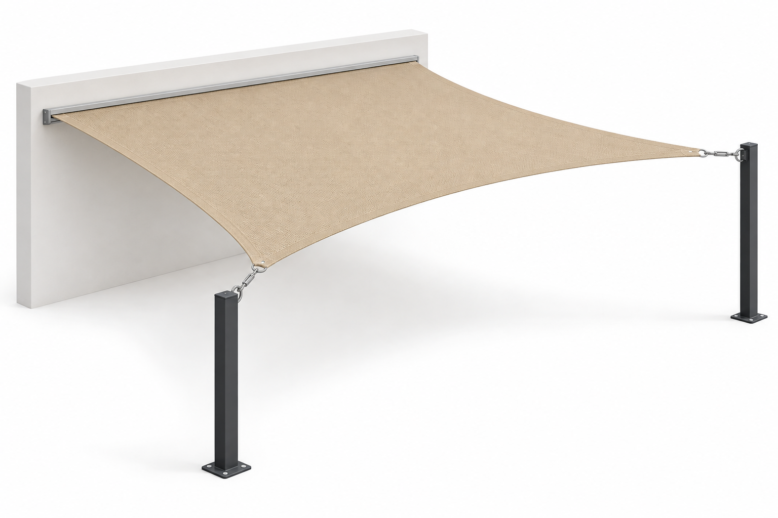 Wall-edge shade sails in sand beige — design illustration