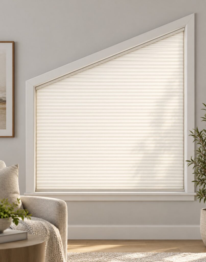 Illustrative angled cellular shade in a furnished interior