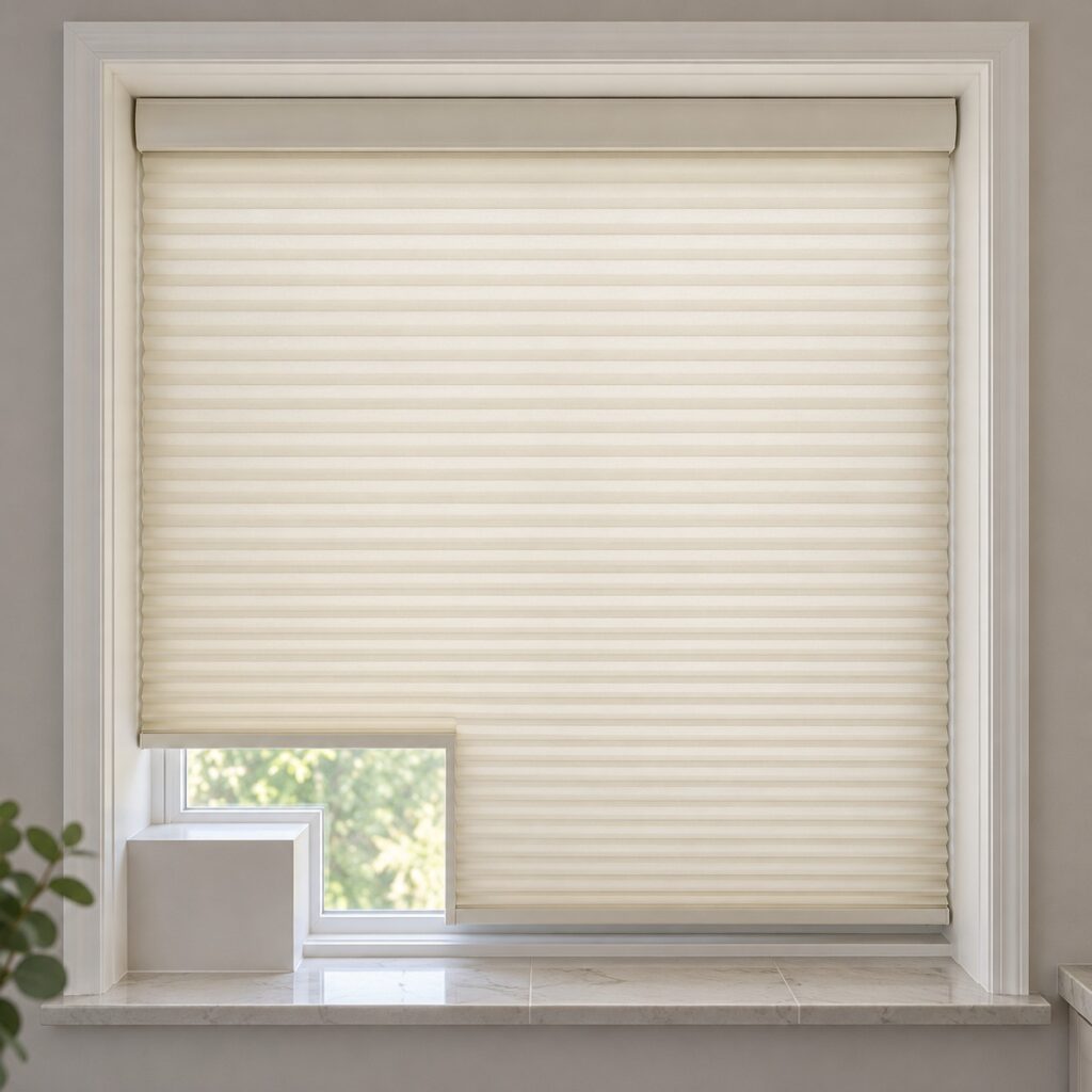 Illustrative cutout cellular shade in a furnished interior