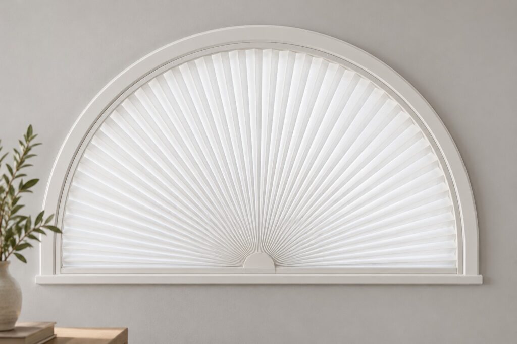 Illustrative half circle cellular shade in a furnished interior