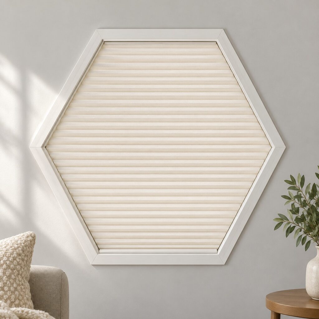 Illustrative hexagon cellular shade in a furnished interior