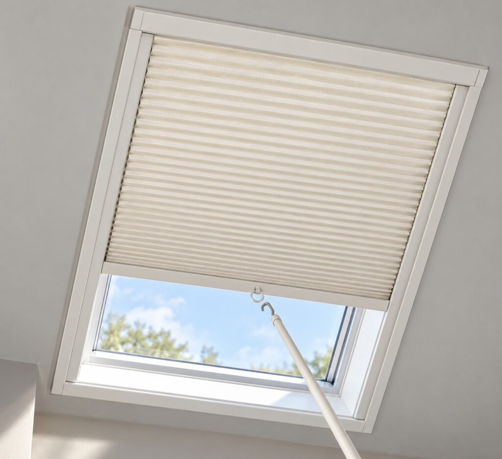 Illustrative manual skylight cellular shade in a furnished interior