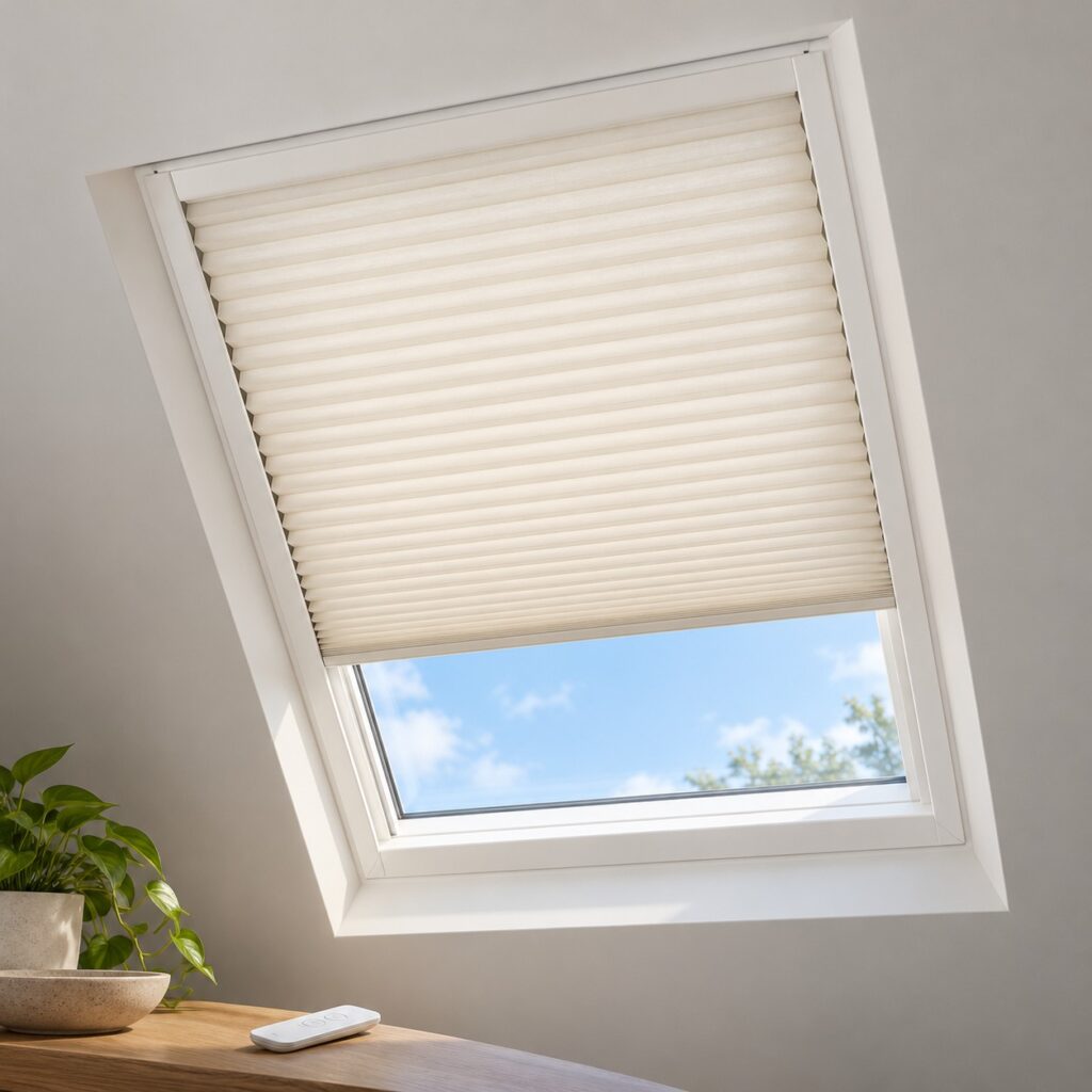 Illustrative motorized skylight cellular shade in a furnished interior