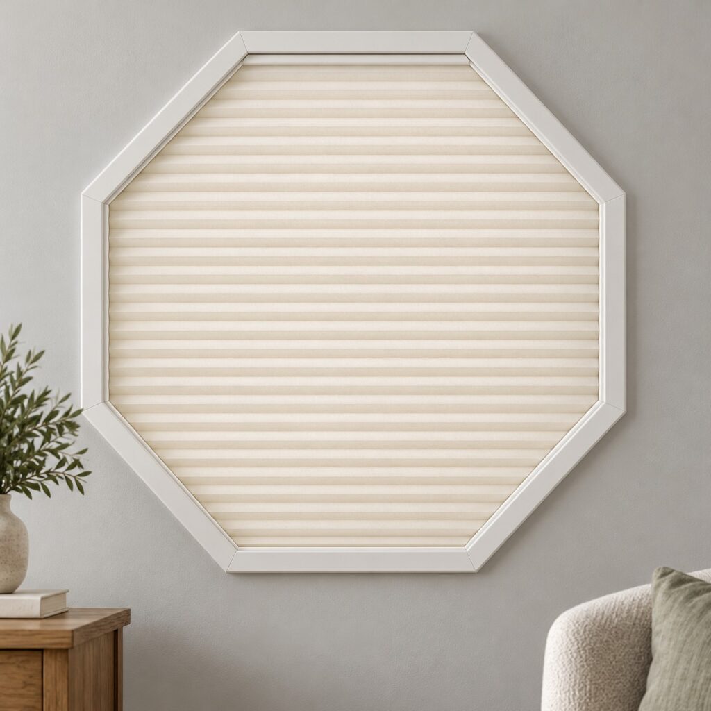 Illustrative octagon cellular shade in a furnished interior