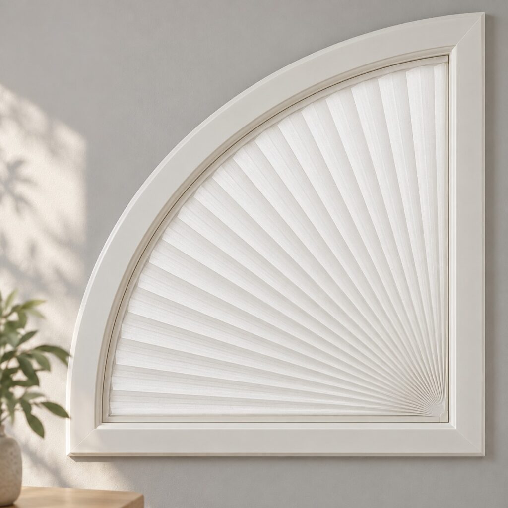 Illustrative quarter circle cellular shade in a furnished interior