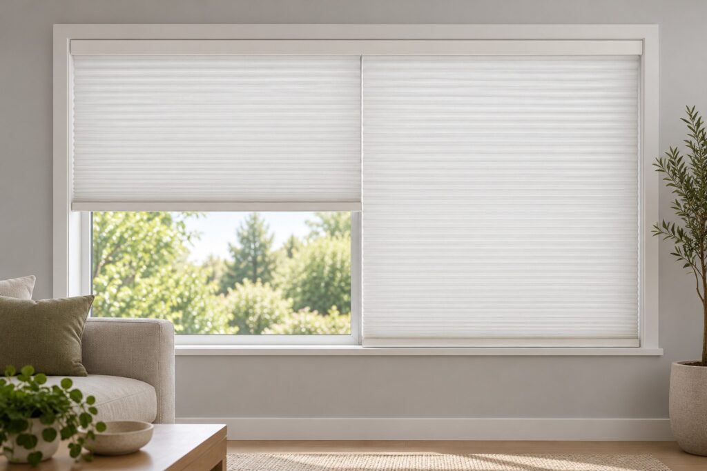 Two independently operated cellular shades sharing one headrail