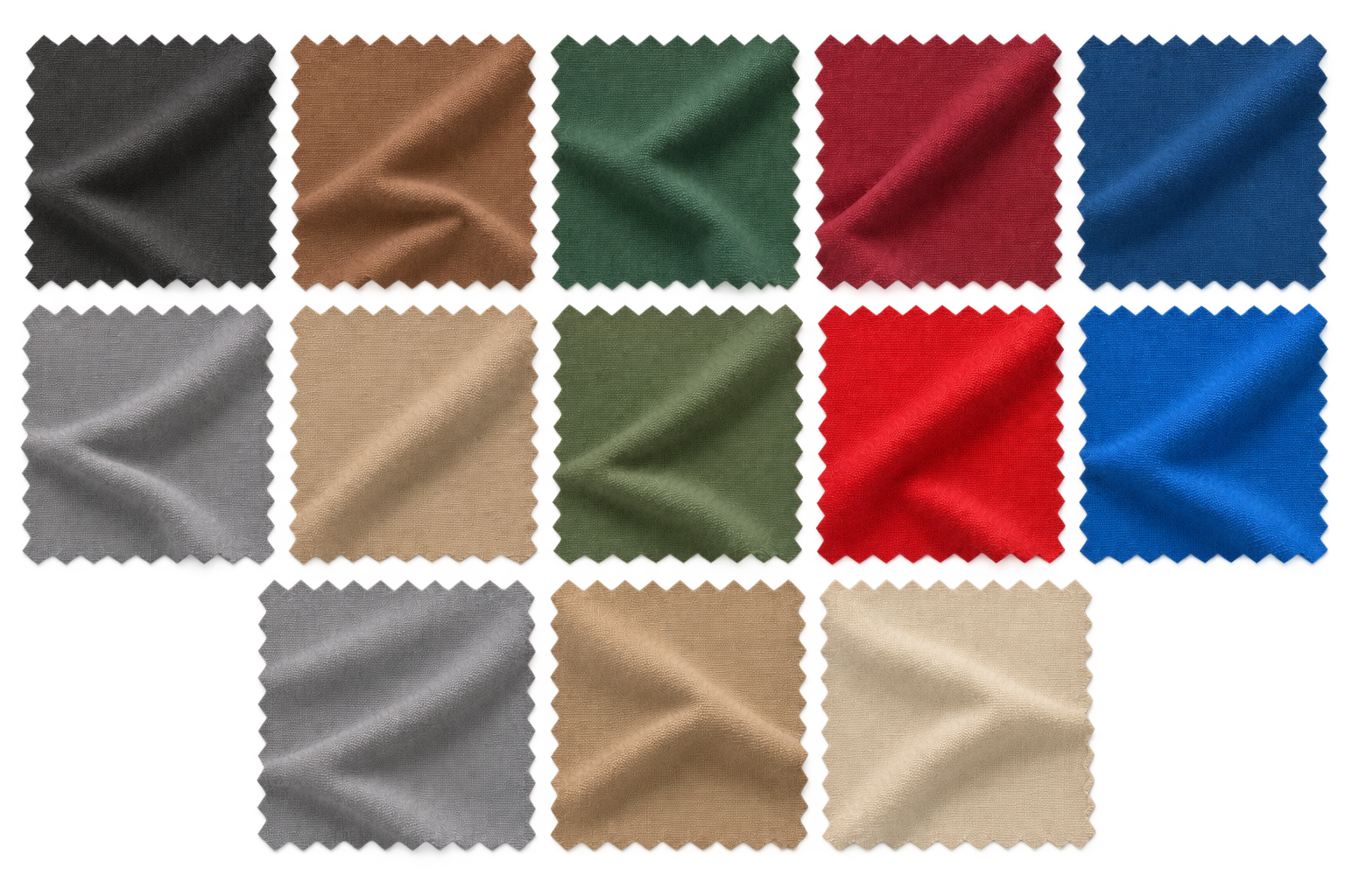 Thirteen outdoor cover fabric swatches without labels