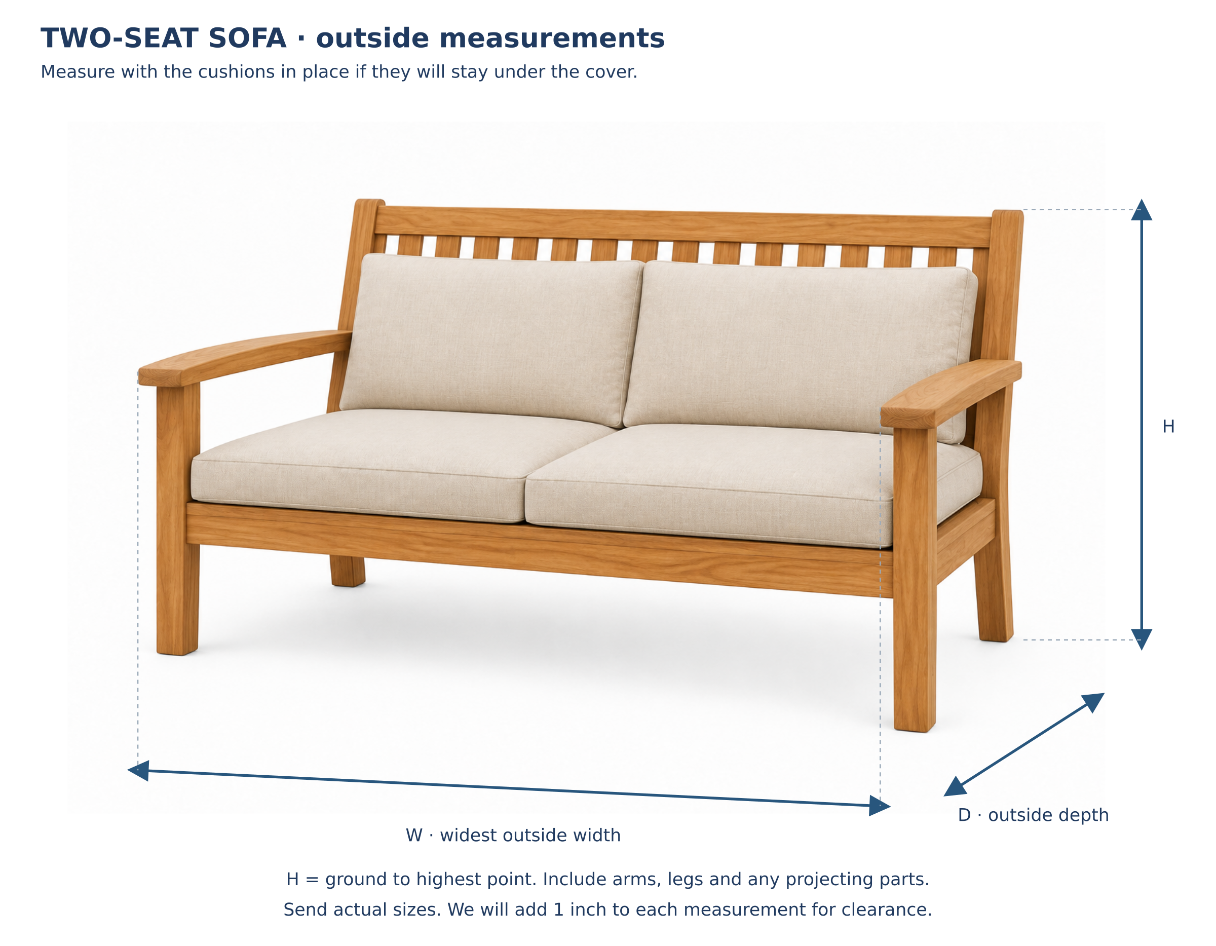 Two-seat teak sofa showing width W, depth D and overall height H