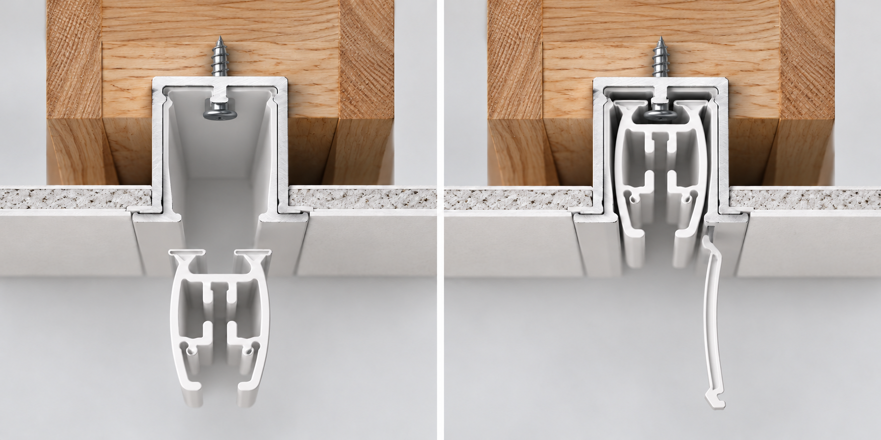 RTS two-part cross-section: housing fixed upward into timber, inner track being inserted on the left, and fixing strip securing the track on the right